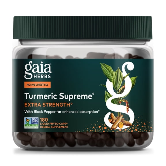 Gaia Herbs Turmeric Supreme Extra Strength - Supports Occasional Discomfort from Normal Wear & Tear* - with Turmeric Curcumin & Black Pepper - 180 Vegan Liquid Phyto-Caps (Up to 180 Servings)