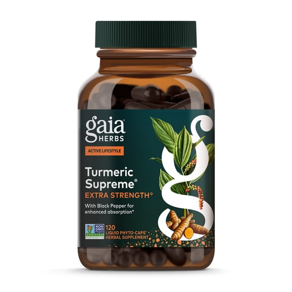 Gaia Herbs Turmeric Supreme Extra Strength - Supports Occasional Discomfort from Normal Wear & Tear* - with Turmeric Curcumin & Black Pepper - 120 Vegan Liquid Phyto-Caps (Up to 120 Servings)