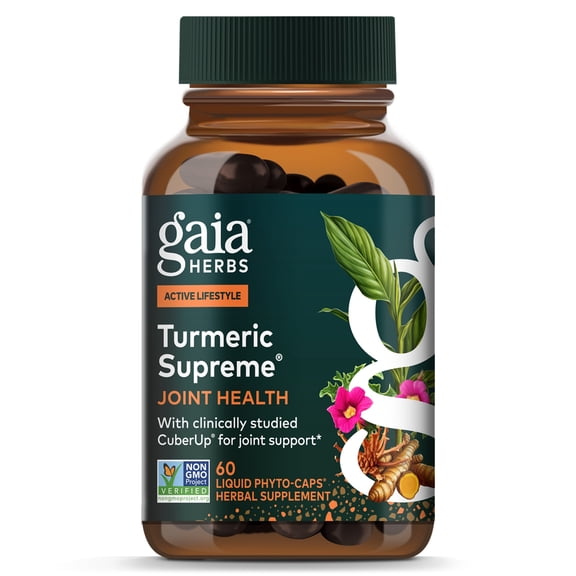 Gaia Herbs Turmeric Supreme Joint Health - Joint Support Supplement with Cucumber, Quercetin, Black Pepper, Ginger Root, Curcuminoids & More* - 60 Liquid Phyto-Caps (30 Servings)
