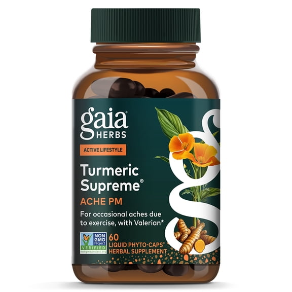 Gaia Herbs Turmeric Supreme Ache P.M. - Helps Provide Nighttime Comfort to Support More Restful Sleep* - With Turmeric Root, Valerian, California Poppy & More - 60 Liquid Phyto-Caps (20 Servings)