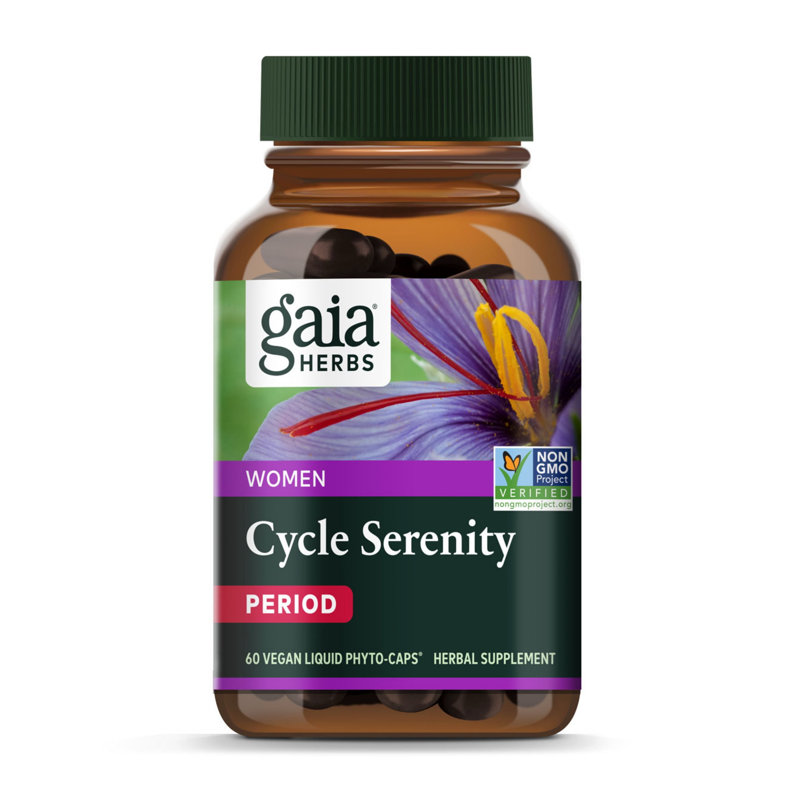 Gaia Herbs Period Cycle Serenity - With Clinically Studied Saffron to Support a Positive Mood* - 60 Vegan Liquid Phyto-Caps (60 Servings)