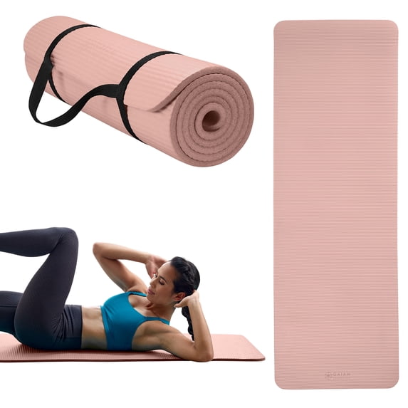 Gaiam Essentials Thick 10mm Yoga Mat with Easy-Cinch Carrier Strap, French Rose