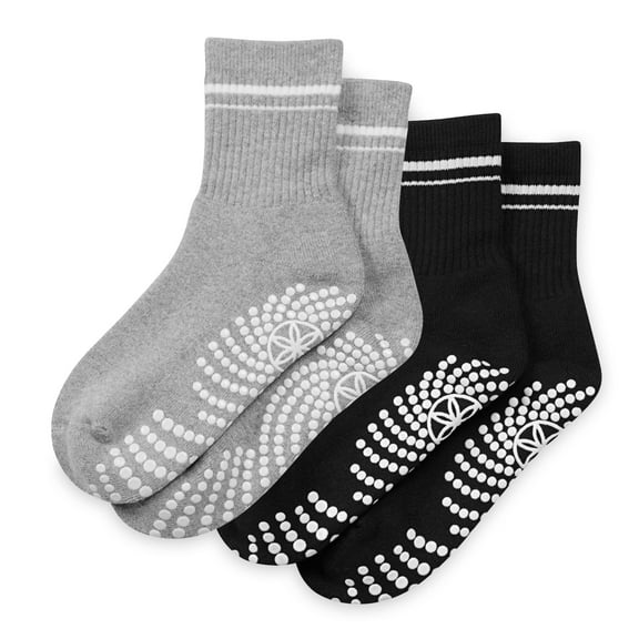 Gaiam Grippy Crew Socks 2-Pack, Grey/Black, Non-Slip, Full-Toe Comfort Grippers for Yoga, Pilates, Dance, and Home Workouts, Universal Fit Grip Socks for Indoor and Outdoor Activities