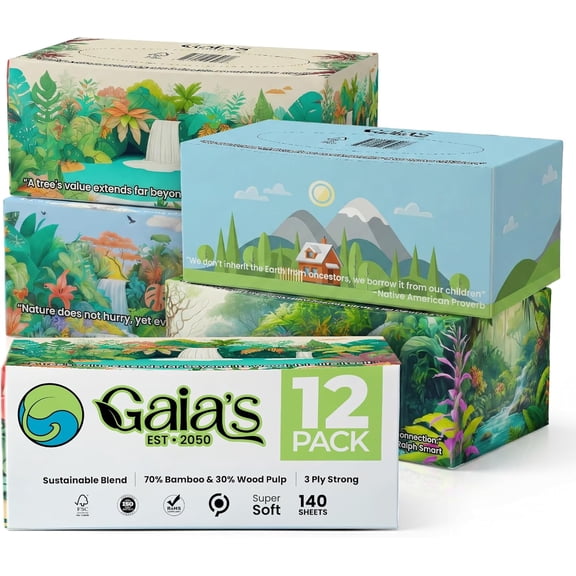 Gaias Premium 3 Ply Facial Tissues, Strong and Soft, 140 Sheets (1680 Sheets - 12 Pack) Made From Bamboo, Zero Plastic Packaging, Eco-Friendly, Sustainable, Non-Lotion Bulk Pack