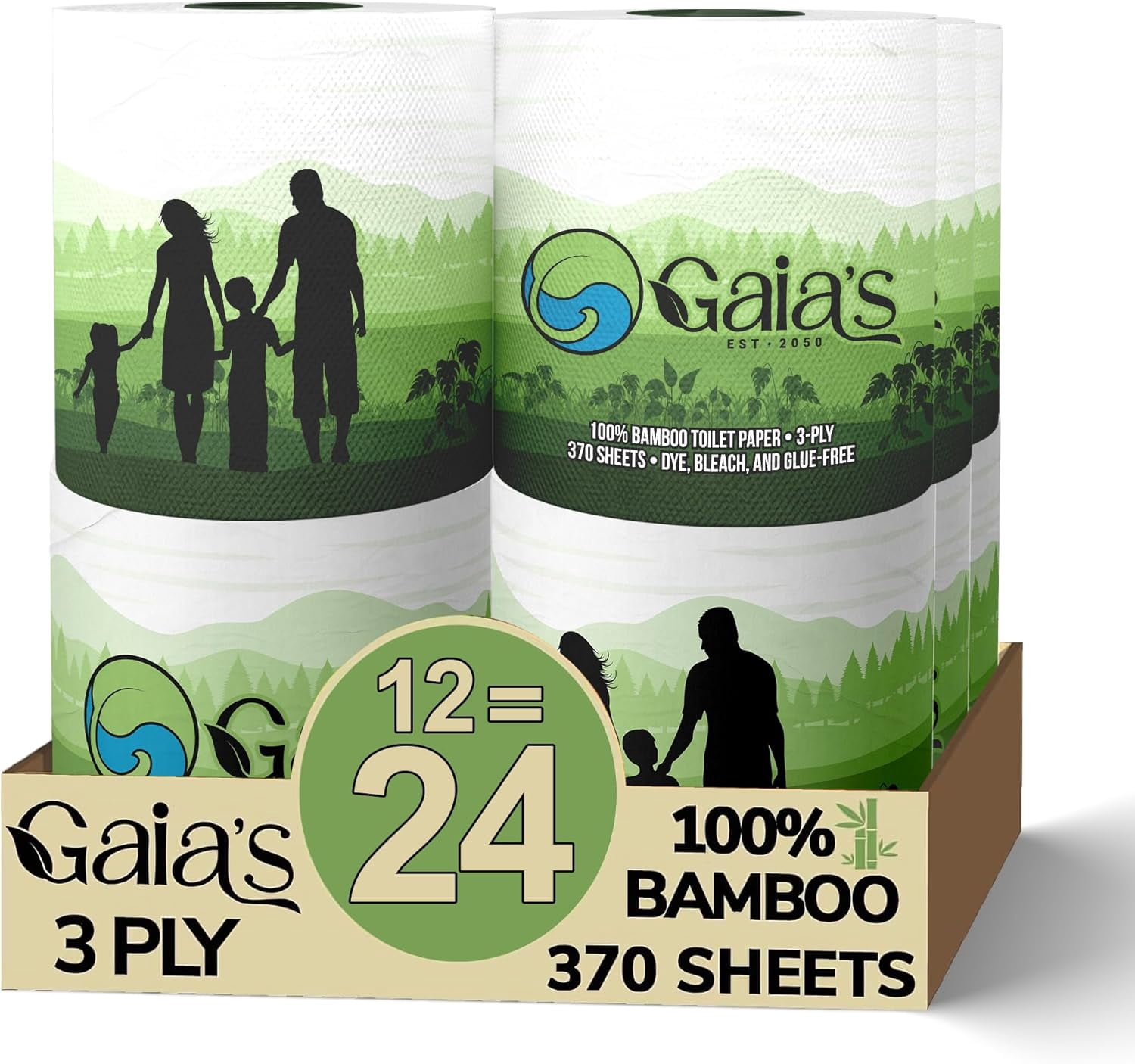 Gaias Premium and Soft Organic Bamboo Toilet Paper | 12 Mega Rolls, 3 Ply, 370 Sheets | FSC Certified, PFAS & BPA Free, Eco-Friendly, Sustainable Tissue - Plastic Free, Septic Safe, Vegan