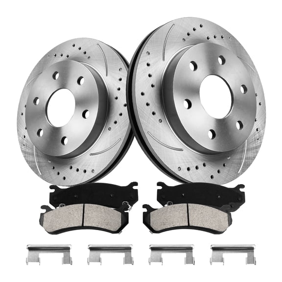 Gaiasurge - Front Brake Kit for 1999 2000-2006 Chevy GMC Silverado Sierra Tahoe Drilled & Slotted Disc Brake Rotors Ceramic Brakes Pads 2002 2003 2004 2005 [NO REAR DRUM] Replacement : 12" inch Rotor