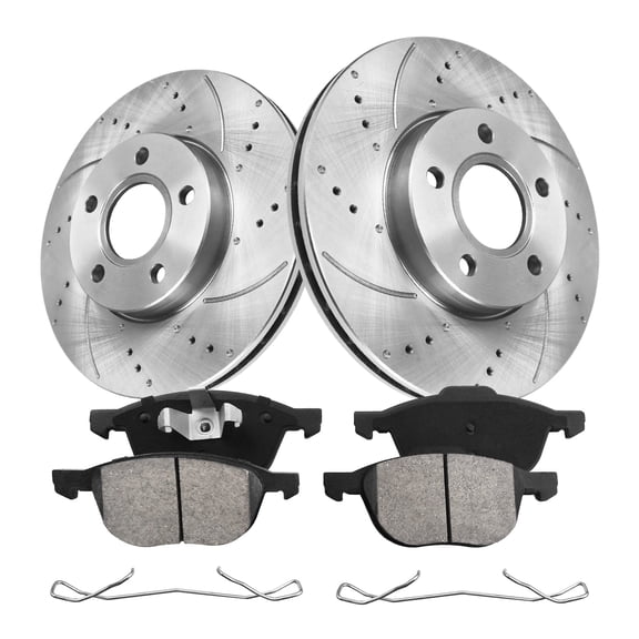 Gaiasurge Front Brake Pads and Rotors Kit For 2012-2018 Ford Focus Drilled & Slotted Disc Brake Rotors Ceramic Brakes Pads 2013 2014 2015 2016 2017 Replacement : 10.94" inch