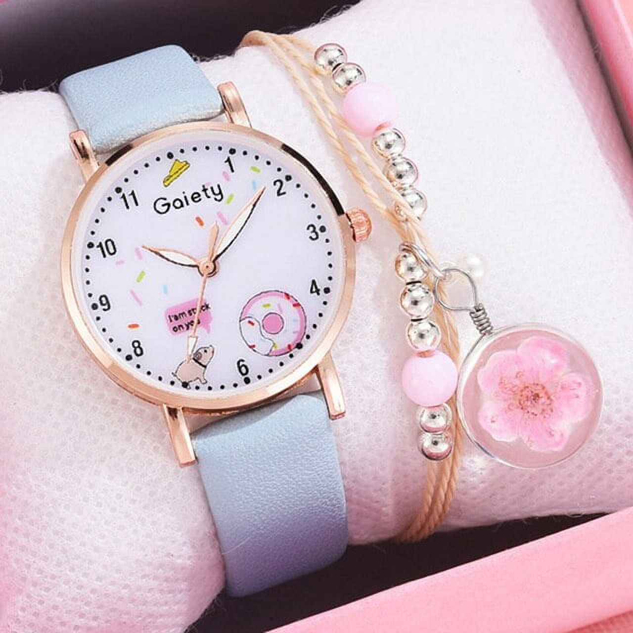 Gaiety Brand 2pcs Set Bracelet Watch For Women Unique Cartoon Pattern Pink Girls Watch Fashion Leather Ladies Clock Reloj Mujer