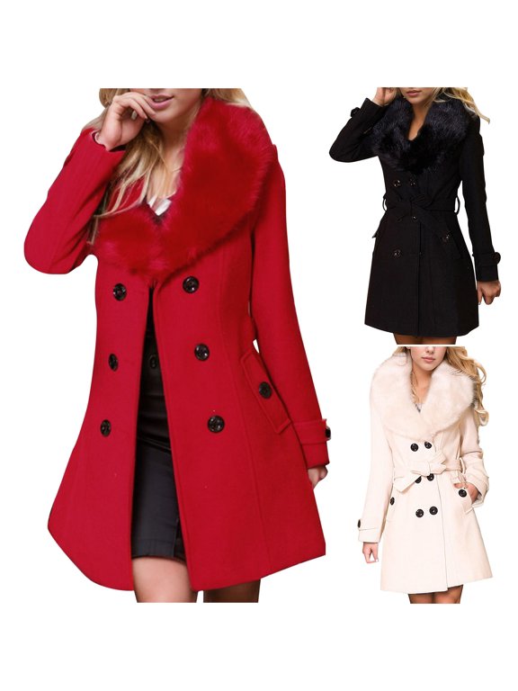 Long Winter Coat for Women Detachable Cozzy Collar Long Sleeve Double Breasted Wool Pea Coat Solid Color Comfortable Overcoat