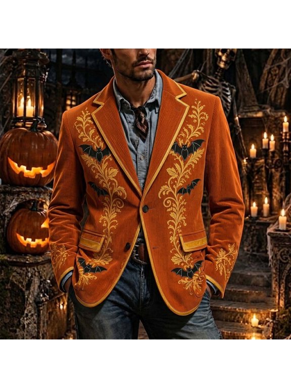 Men's Halloween Corduroy Blazer Jacket Plus Size Holiday Print Single Breasted Notch Lapel Casual Party Sport Coat
