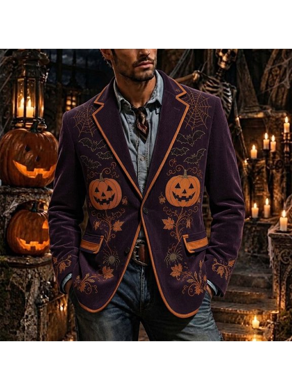 Men's Halloween Printed Corduroy Blazer Fall Fashion Pumpkin Bat Printed Lapel Long Sleeve Single Breasted Suit Jacket