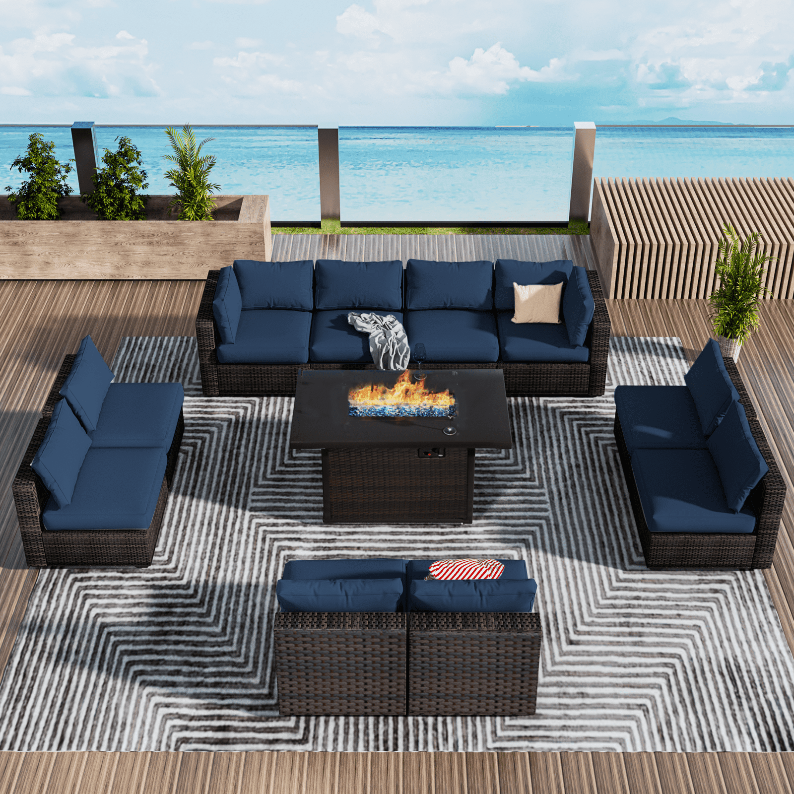 Gaildon 11 Piece Patio Furniture Set with Fire Pit Table, All Weather Outdoor Sectional PE Rattan, Patio Conversation Sets with Cushions and Glass Coffee Table for Garden Lawn Balcony Porch Deck