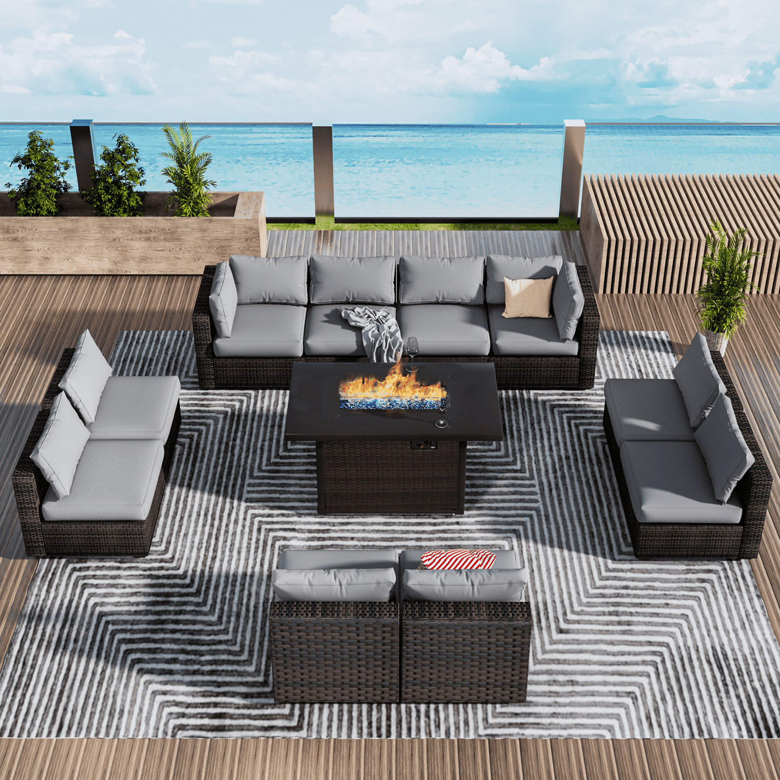 Gaildon 11 Piece Patio Set with Fire Pit, PE Rattan, Cushions, Glass ...