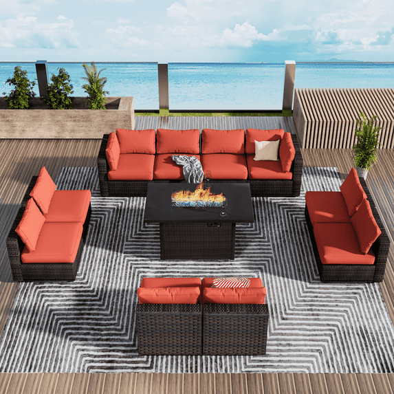 Gaildon 11 Piece Patio Furniture Set with Fire Pit Table, All Weather Outdoor Sectional PE Rattan, Patio Conversation Sets with Cushions and Glass Coffee Table for Garden Lawn Balcony Porch Deck