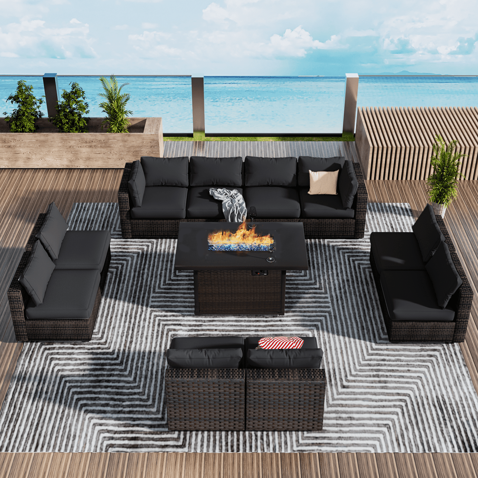Gaildon 11 Piece Patio Furniture Set with Fire Pit Table, All Weather Outdoor Sectional PE Rattan, Patio Conversation Sets with Cushions and Glass Coffee Table for Garden Lawn Balcony Porch Deck