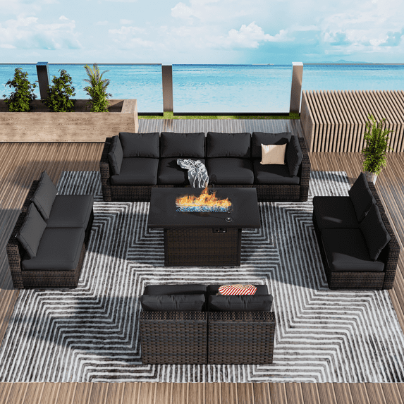 Gaildon 11 Piece Patio Furniture Set with Fire Pit Table, All Weather Outdoor Sectional PE Rattan, Patio Conversation Sets with Cushions and Glass Coffee Table for Garden Lawn Balcony Porch Deck