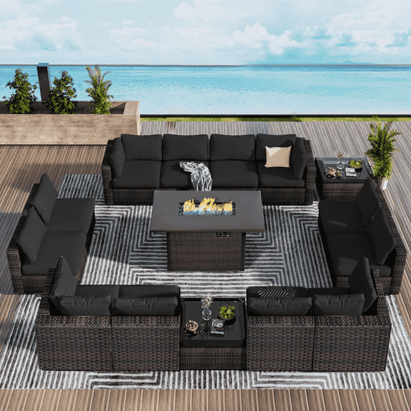 Gaildon 15 Pieces Patio Furniture Set with Fire Pit Table, Outdoor Sectional PE Rattan, Patio Conversation Sets Cushions & Black-glass Coffee Table for Garden Lawn Balcony Porch Deck,Black