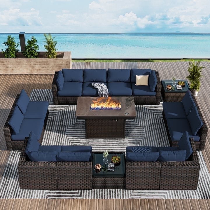 Gaildon 15 Pieces Patio Furniture Set with Fire Pit Table, Outdoor Sectional PE Rattan, Patio Conversation Sets Cushions & Black-glass Coffee Table for Garden Lawn Balcony Porch Deck,Blue