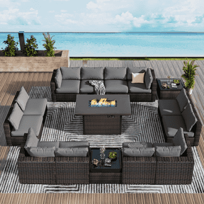 Gaildon 15 Pieces Patio Furniture Set with Fire Pit Table, All Weather Outdoor Sectional PE Rattan, Patio Conversation Sets Cushions & Black-glass Coffee Table for Garden Lawn Balcony Porch Deck,Grey