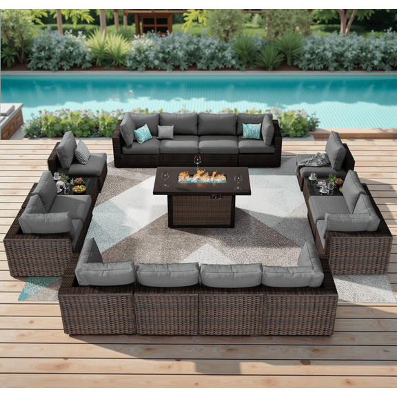 Gaildon 17 Piece Patio Furniture Set with Fire Pit Table, All Weather Outdoor Sectional PE Rattan, Patio Conversation Sets with Cushions and Glass Coffee Table for Garden Lawn Balcony Porch Deck