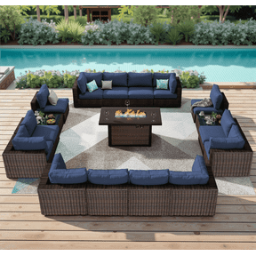 Gaildon 17 Piece Patio Furniture Set with Fire Pit Table, All Weather Outdoor Sectional PE Rattan, Patio Conversation Sets with Cushions and Glass Coffee Table for Garden Lawn Balcony Porch Deck