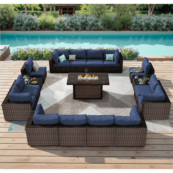 Gaildon 17 Piece Patio Furniture Set with Fire Pit Table, All Weather Outdoor Sectional PE Rattan, Patio Conversation Sets with Cushions and Glass Coffee Table for Garden Lawn Balcony Porch Deck