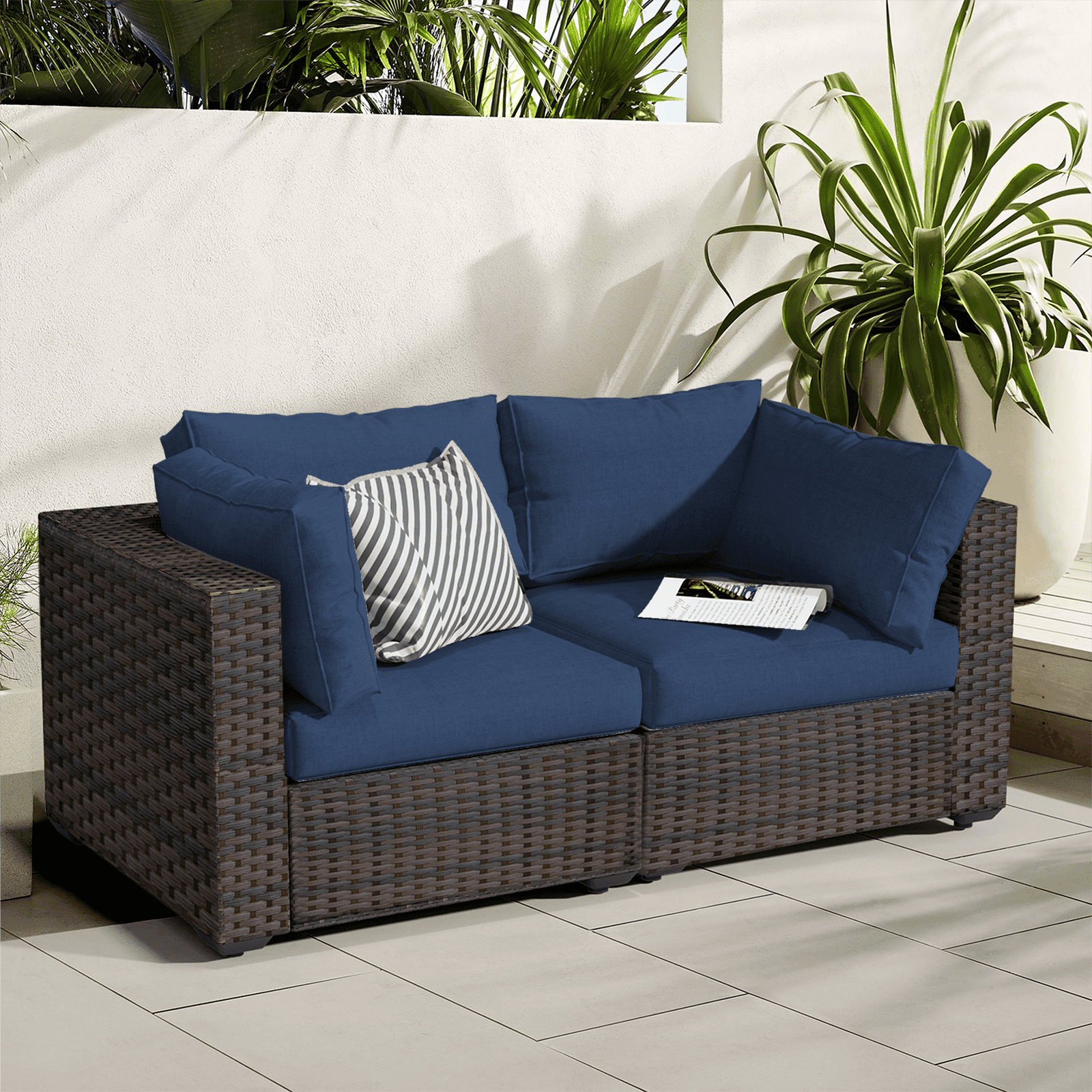 Gaildon 2 Pieces Patio Furniture Set, All Weather Outdoor Sectional PE Rattan, Patio Conversation Sets with Cushions and Glass Coffee Table for Garden Lawn Balcony Porch Deck, Blue