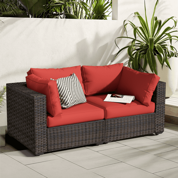 Gaildon 2 Pieces Patio Furniture Set, All Weather Outdoor Sectional PE Rattan, Patio Conversation Sets with Cushions and Glass Coffee Table for Garden Lawn Balcony Porch Deck, Red