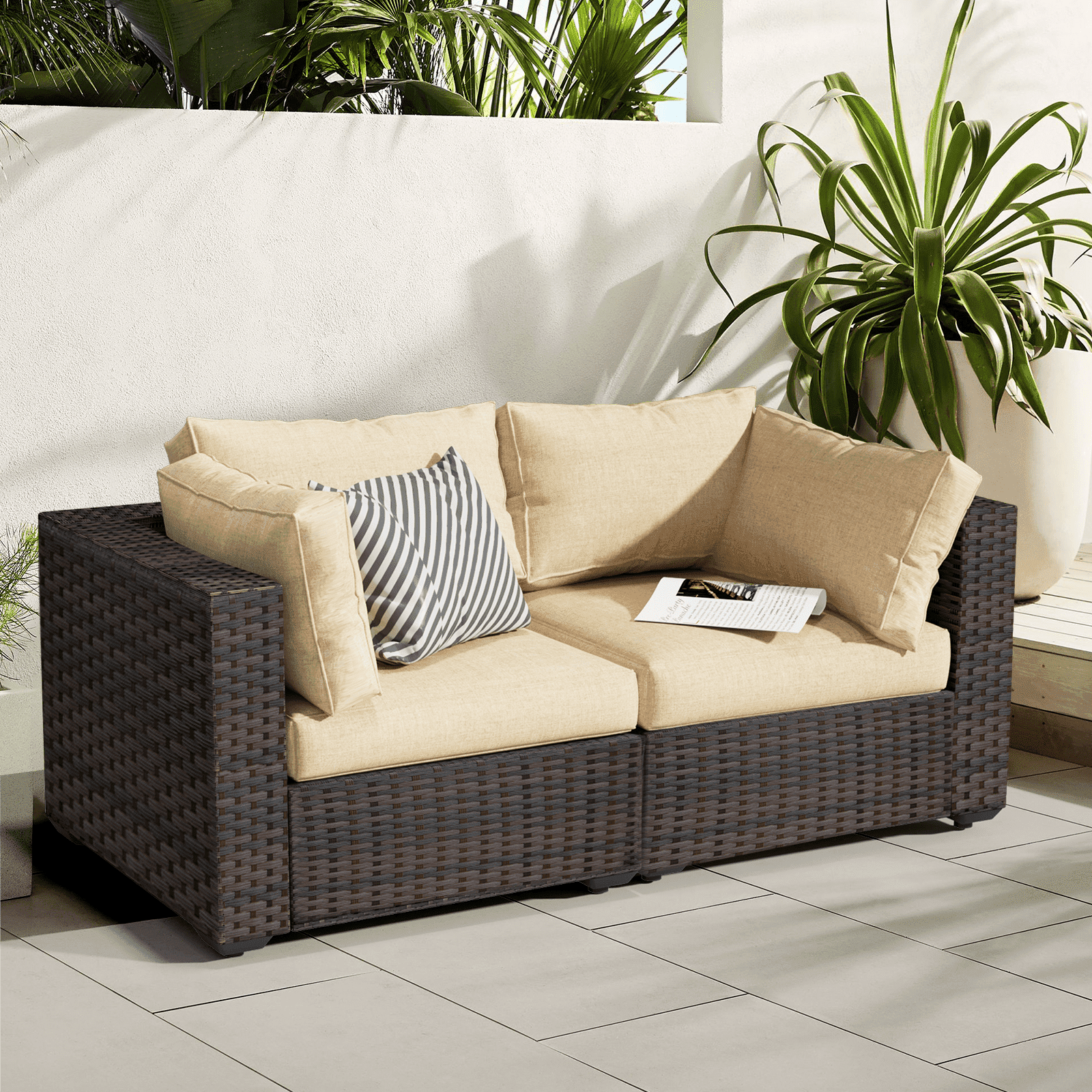 Gaildon 2 Pieces Patio Furniture Set, All Weather Outdoor Sectional PE Rattan, Patio Conversation Sets with Cushions and Glass Coffee Table for Garden Lawn Balcony Porch Deck, Red
