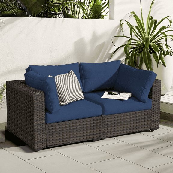Gaildon 2 Pieces Patio Furniture Set, All Weather Outdoor Sectional PE Rattan, Patio Conversation Sets with Cushions for Garden Lawn Balcony Porch Deck, Blue