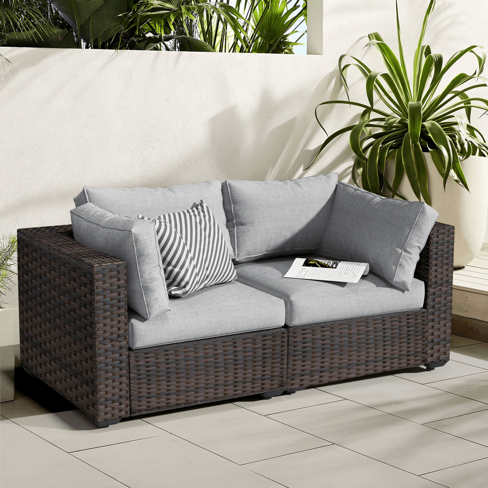 Gaildon 2 Pieces Patio Furniture Set, All Weather Outdoor Sectional PE Rattan, Patio Conversation Sets with Cushions and Glass Coffee Table for Garden Lawn Balcony Porch Deck, Grey