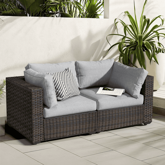 Gaildon 2 Pieces Patio Furniture Set, All Weather Outdoor Sectional PE Rattan, Patio Conversation Sets with Cushions for Garden Lawn Balcony Porch Deck, Grey