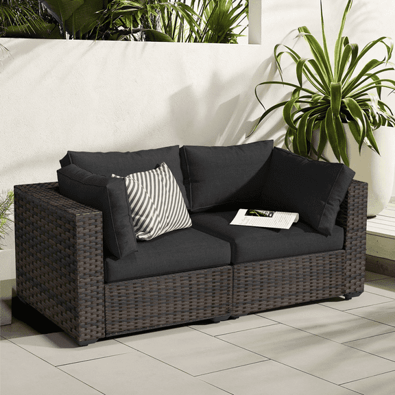 Gaildon 2 Pieces Patio Furniture Set, All Weather Outdoor Sectional PE Rattan, Patio Conversation Sets with Cushions for Garden Lawn Balcony Porch Deck, Red