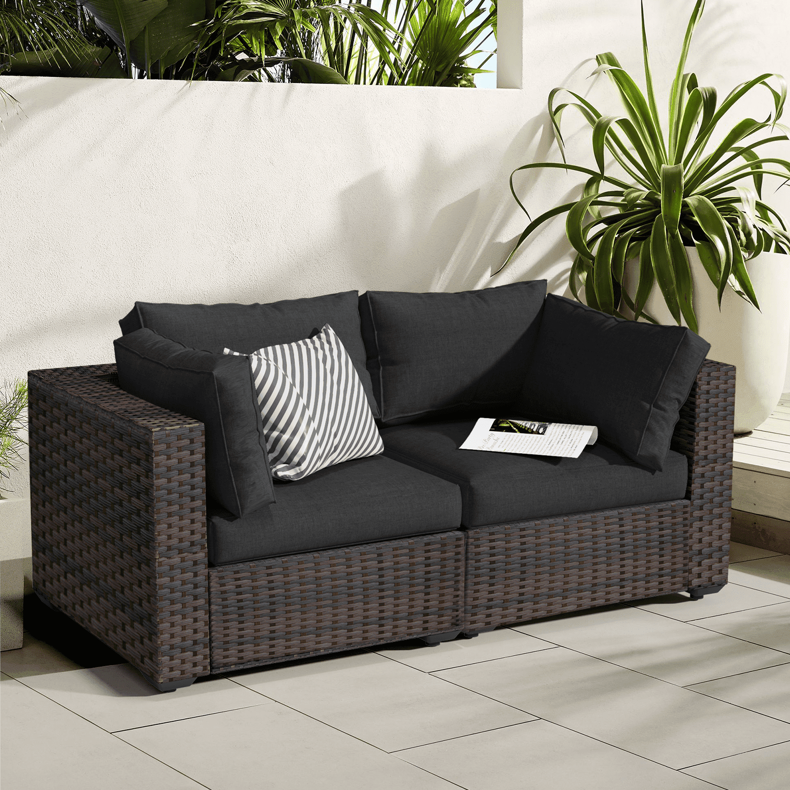 Gaildon 2 Pieces Patio Furniture Set, All Weather Outdoor Sectional PE Rattan, Patio Conversation Sets with Cushions and Glass Coffee Table for Garden Lawn Balcony Porch Deck, Red
