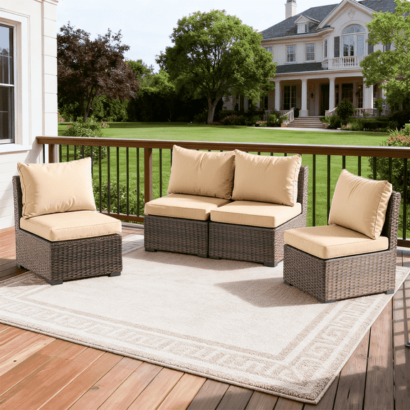 Gaildon 4 Pieces Patio Furniture Set, All Weather Outdoor Sectional PE Rattan, Patio Conversation Sets with Cushions for Garden Lawn Balcony Porch Deck, Beige