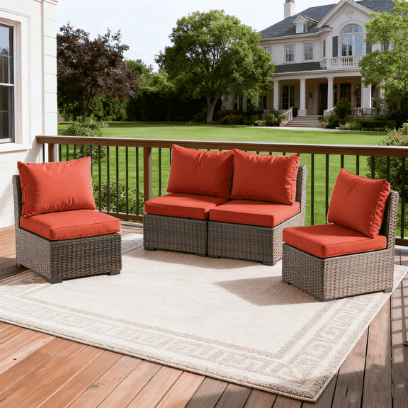 Gaildon 4 Pieces Patio Furniture Set, All Weather Outdoor Sectional PE Rattan, Patio Conversation Sets with Cushions for Garden Lawn Balcony Porch Deck, Red