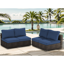 Gaildon 4 Pieces Patio Furniture Set, All Weather Outdoor Sectional PE Rattan, Patio Conversation Sets with Cushions and Glass Coffee Table for Garden Lawn Balcony Porch Deck, Blue