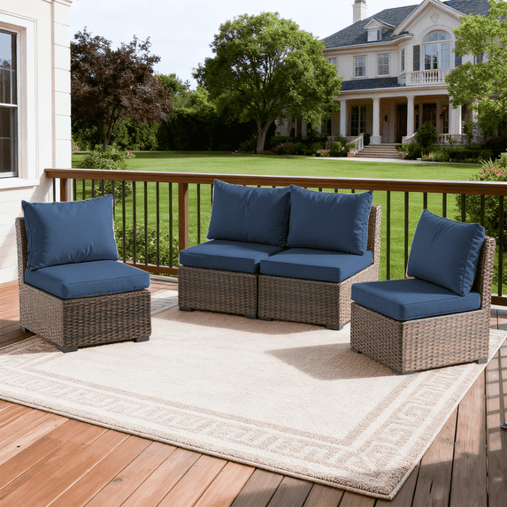 Gaildon 4 Pieces Patio Furniture Set, All Weather Outdoor Sectional PE Rattan, Patio Conversation Sets with Cushions and Glass Coffee Table for Garden Lawn Balcony Porch Deck, Blue