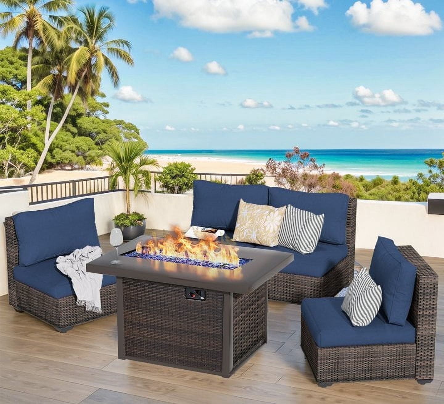 GAILDON 5-Piece Patio Furniture Set with Firepit Table, Outdoor Sectional Rattan, All-Weather Cushions, Blue