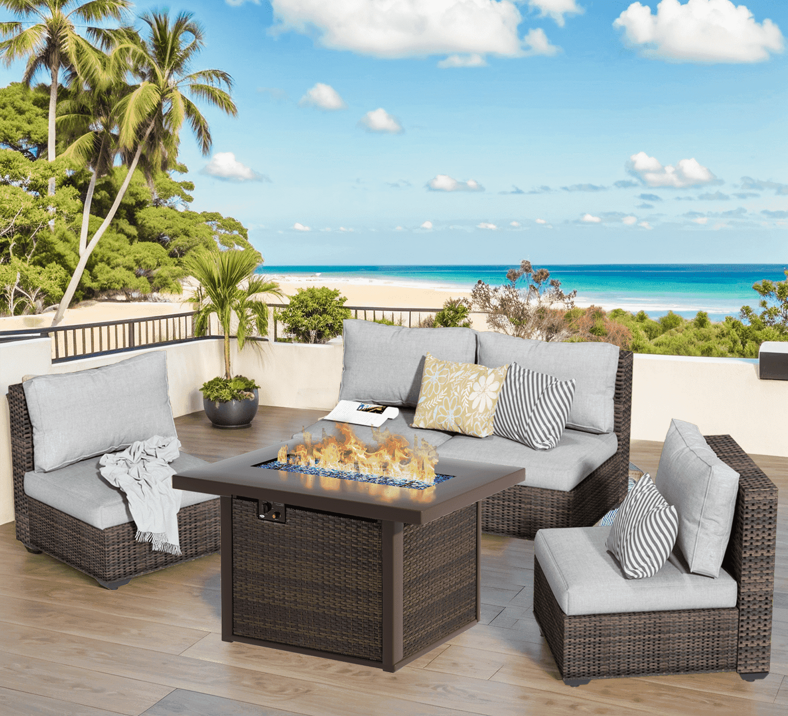 Gaildon 5 Piece Patio Furniture Set with Fire Pit Table, All Weather Outdoor Sectional PE Rattan, Patio Conversation Sets with Cushions for Garden Lawn Balcony Porch Deck, Grey