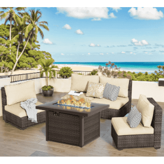 Gaildon 5 Piece Patio Furniture Set with Fire Pit Table, All Weather Outdoor Sectional PE Rattan, Patio Conversation Sets with Cushions for Garden Lawn Balcony Porch Deck, Beige