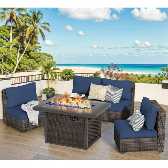 GAILDON 5-Piece Patio Furniture Set with Firepit Table, Outdoor Sectional Rattan, All-Weather Cushions, Blue