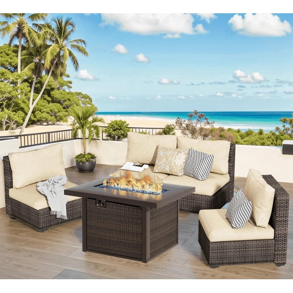 Gaildon 5 Piece Patio Furniture Set with Fire Pit Table, All Weather Outdoor Sectional PE Rattan, Patio Conversation Sets with Cushions for Garden Lawn Balcony Porch Deck, Beige