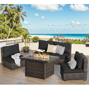 Gaildon 5 Piece Patio Furniture Set with Fire Pit Table, All Weather Outdoor Sectional PE Rattan, Patio Conversation Sets with Cushions for Garden Lawn Balcony Porch Deck, Black