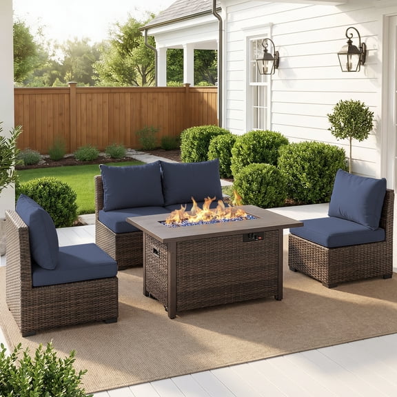 GAILDON 5-Piece Patio Furniture Set with Firepit Table, Outdoor Sectional Rattan, All-Weather Cushions, Blue