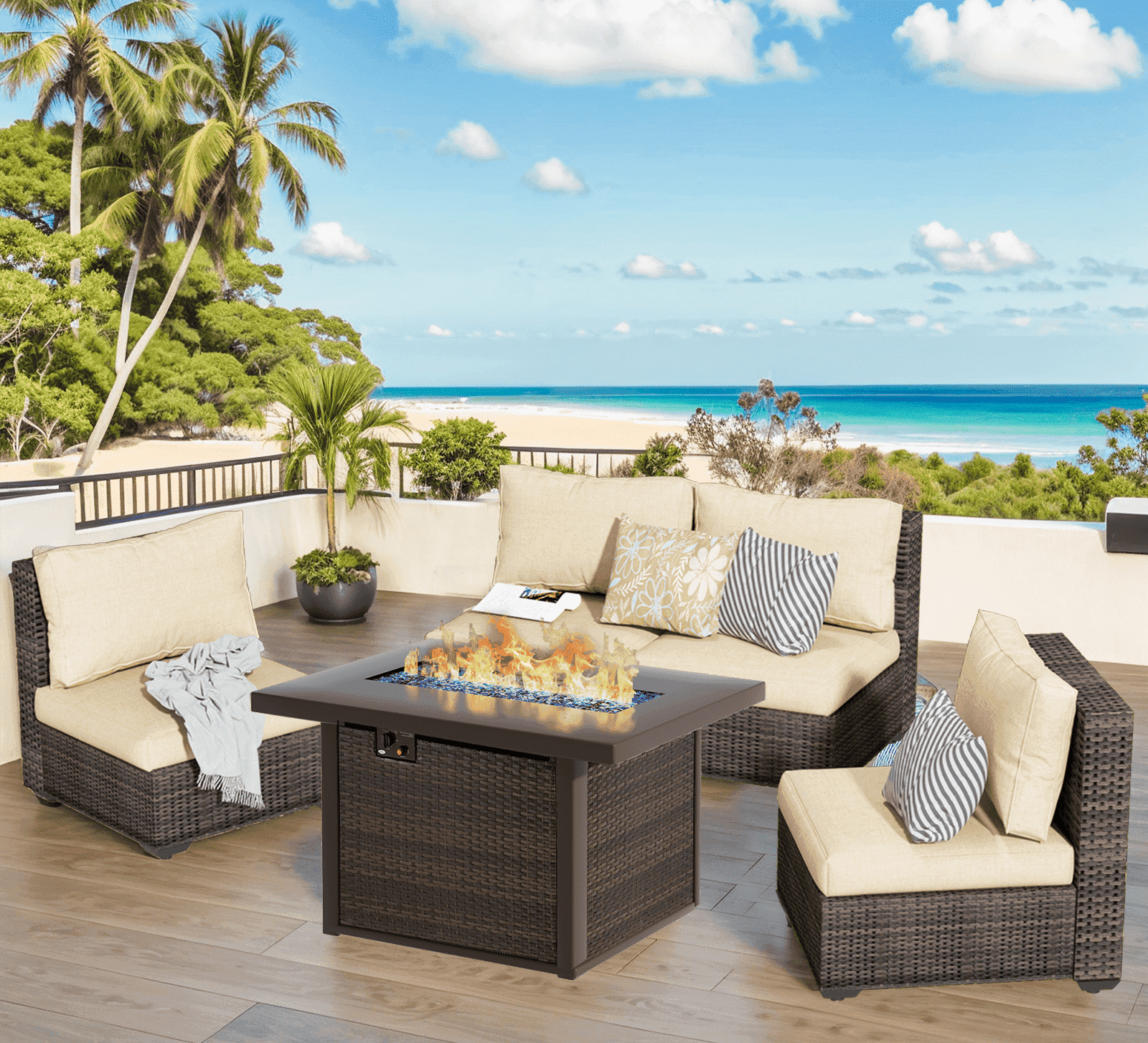 Gaildon 5 Piece Patio Furniture Set with Fire Pit Table, All Weather Outdoor Sectional PE Rattan, Patio Conversation Sets with Cushions for Garden Lawn Balcony Porch Deck, Beige
