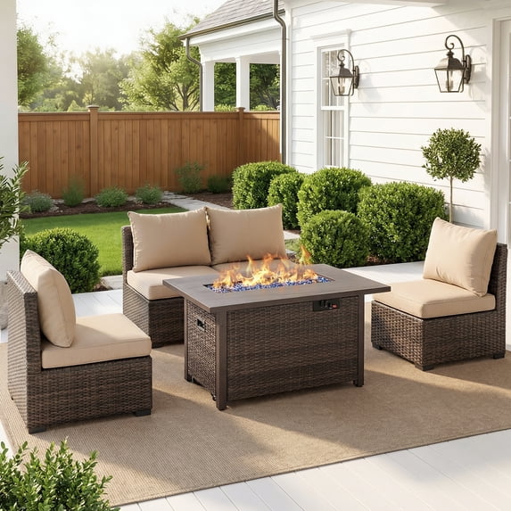 Gaildon 5 Piece Patio Furniture Set with Fire Pit Table, All Weather Outdoor Sectional PE Rattan, Patio Conversation Sets with Cushions for Garden Lawn Balcony Porch Deck, Beige