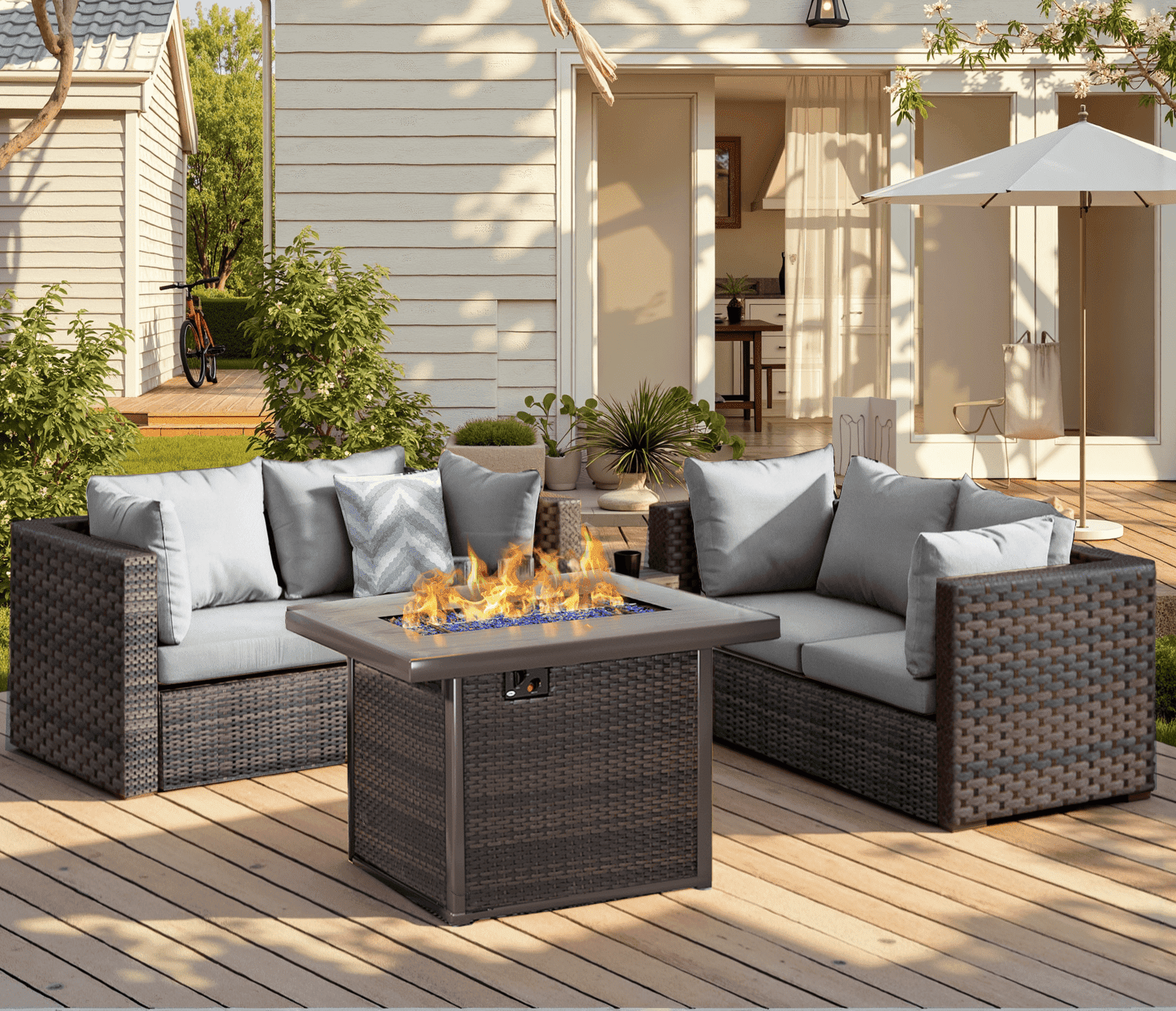 Gaildon 5 Piece Patio Furniture Set with Fire Pit Table, All Weather Outdoor Sectional PE Rattan, Patio Conversation Sets with Cushions and Glass Coffee Table for Garden Lawn Balcony Porch Deck, Grey