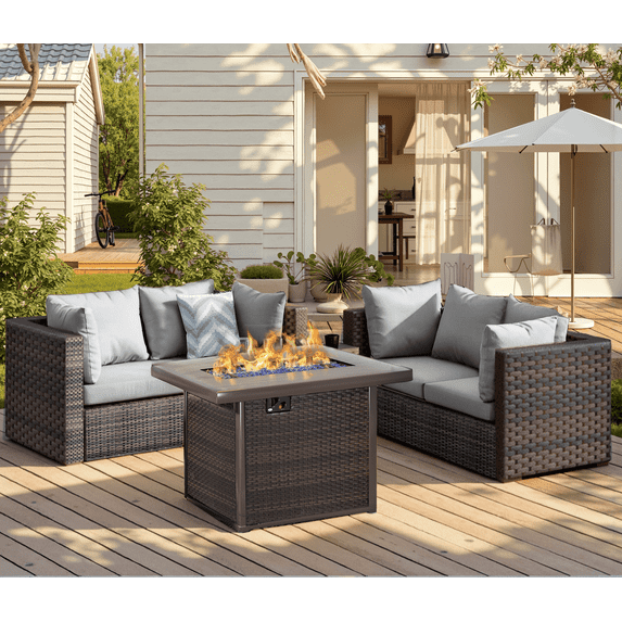 Gaildon 5 Piece Patio Furniture Set with Fire Pit Table, All Weather Outdoor Sectional PE Rattan, Patio Conversation Sets with Cushions and Glass Coffee Table for Garden Lawn Balcony Porch Deck, Grey