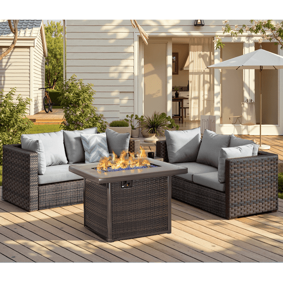 Gaildon 5 Piece Patio Furniture Set with Fire Pit Table, All Weather Outdoor Sectional PE Rattan, Patio Conversation Sets with Cushions and Glass Coffee Table for Garden Lawn Balcony Porch Deck, Grey